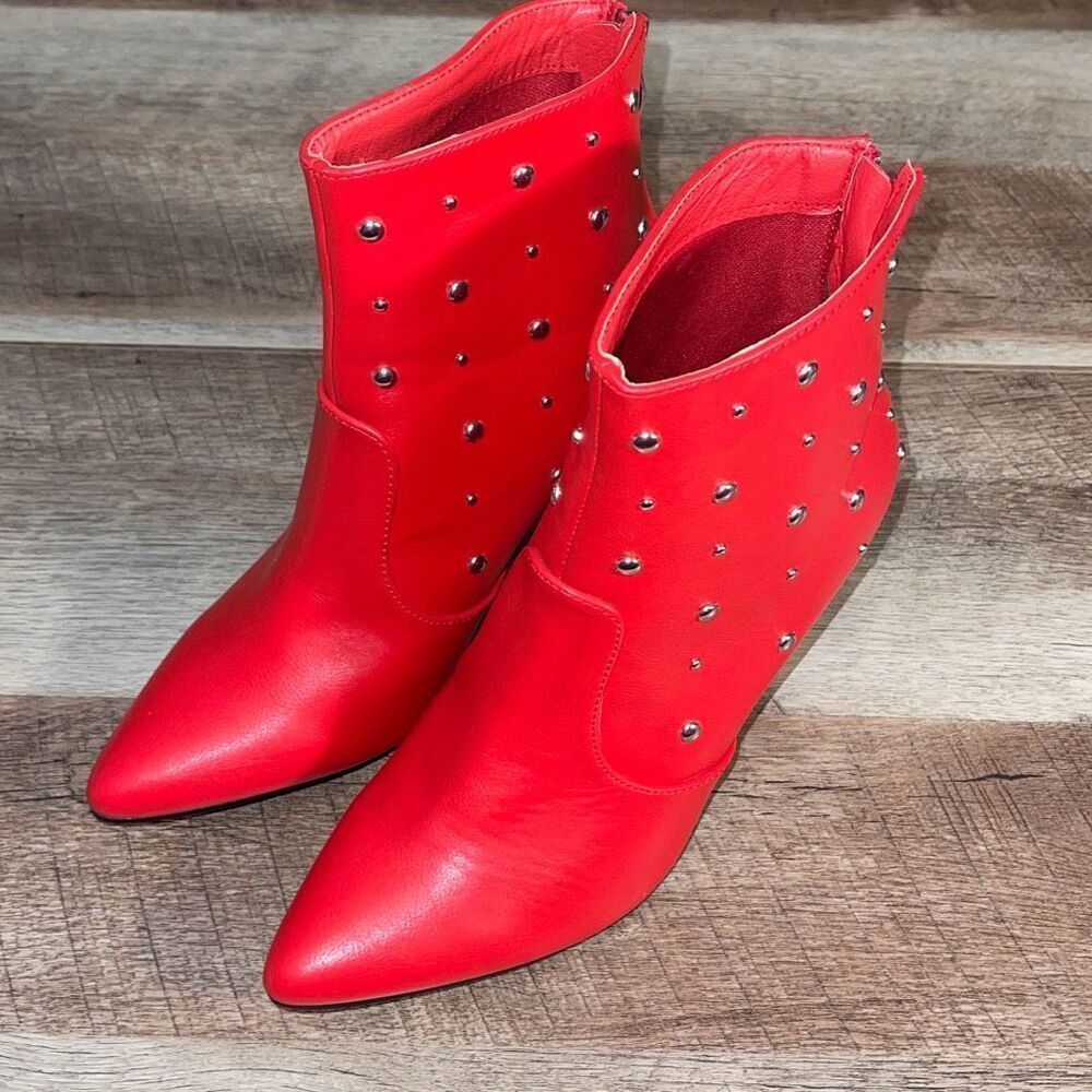 Yoki Gabriella Women Red Faux Leather Silver‎ Studded Heel Ankle Boot Bootie 8